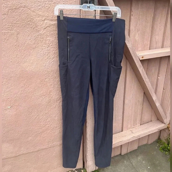 Athleta Stellar Tight Zip Stash Pockets Pants Grey And Blue Colorblock Split Hem - Picture 2 of 5